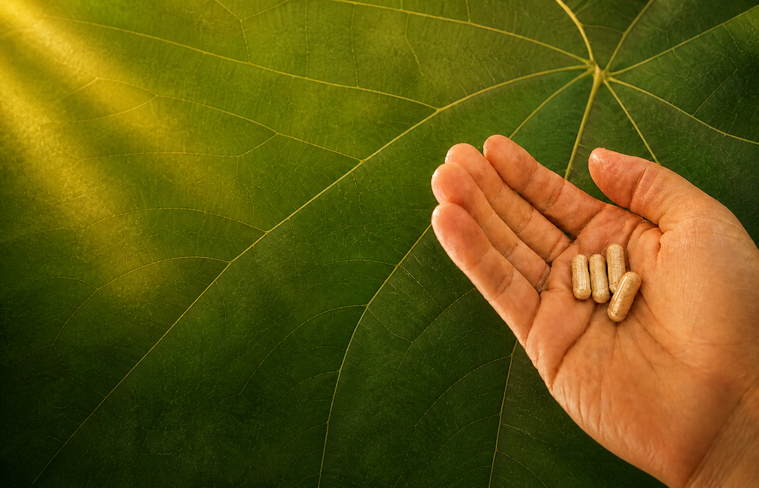 Hand holding Wolfora capsules on a green leaf